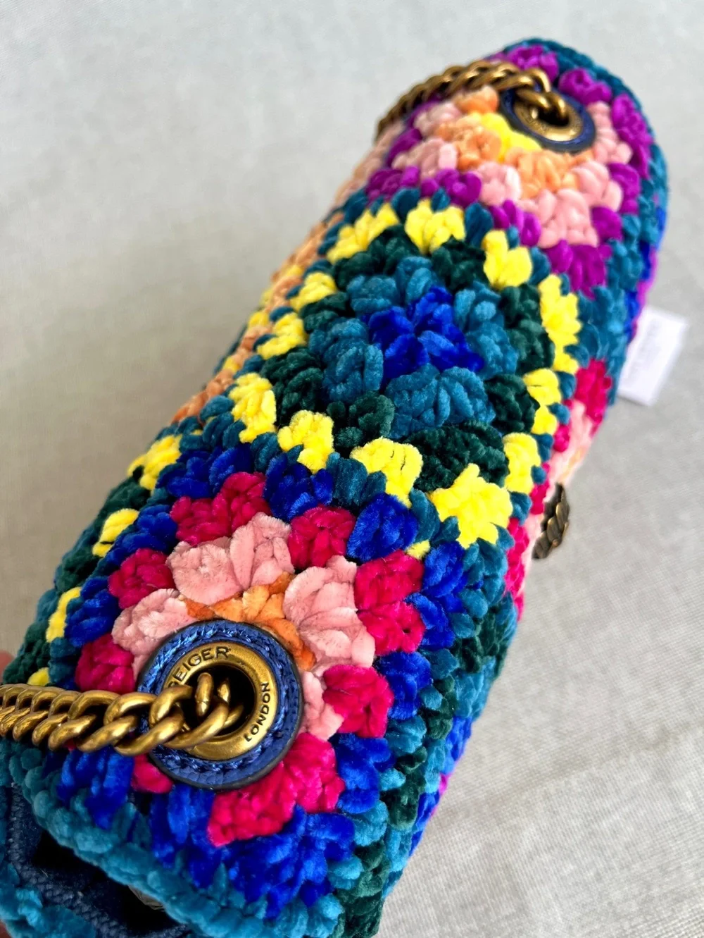Kurt Geiger Boho Chenille Crochet Patchwork crossbody bag teal, pink yellow blue